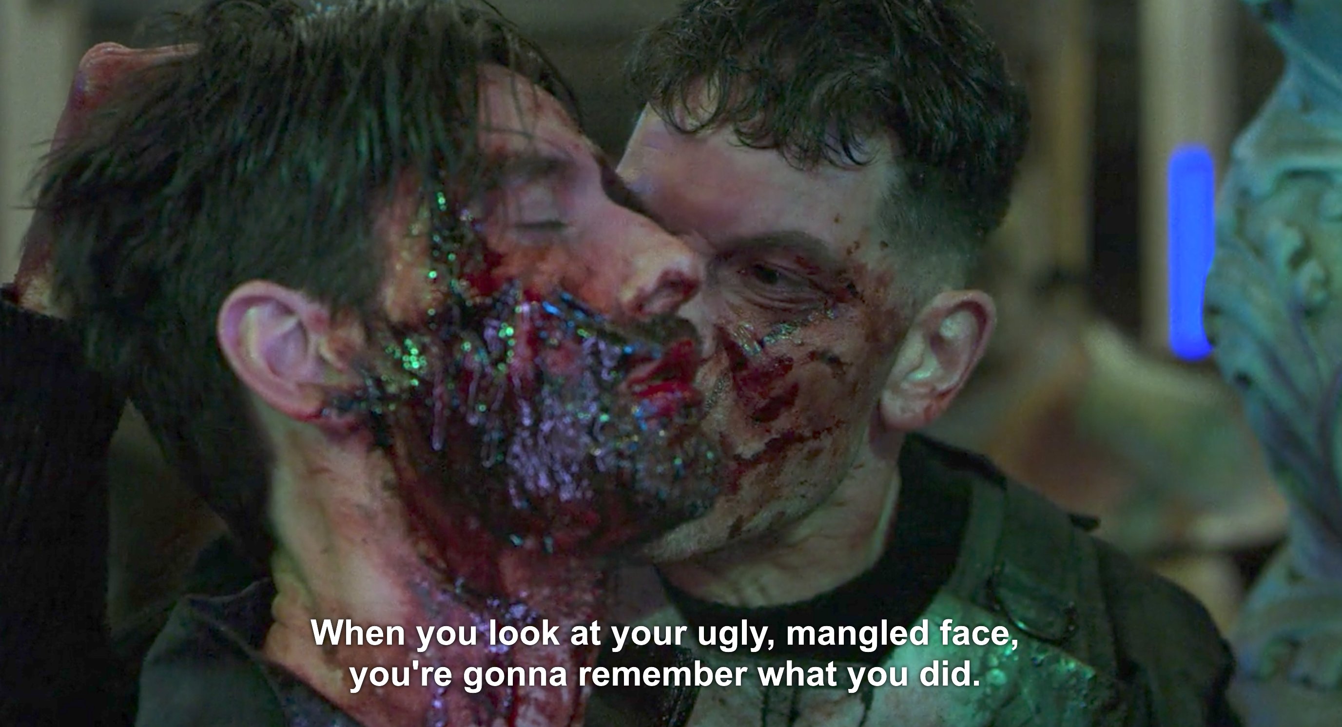 Screenshot of Netflix's Punisher season 1 finale, subtitled: "When you looked at your ugly, mangled face, you're gonna remember what you did."